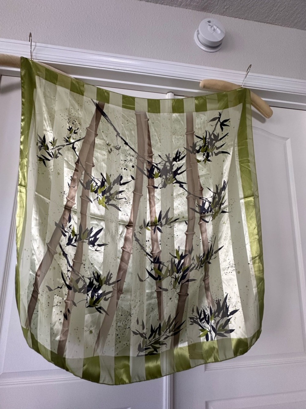 Silk-Feel Leaf Print Scarf in Olive & Black